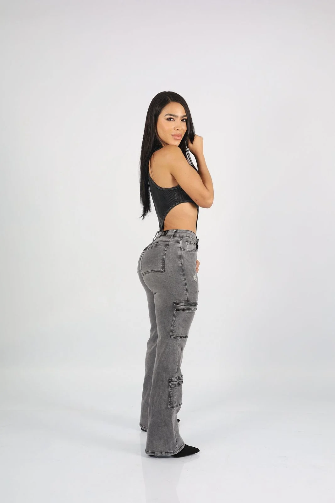 Jeans Cargo Paris Mujer Gris Destroyed - Vista 3