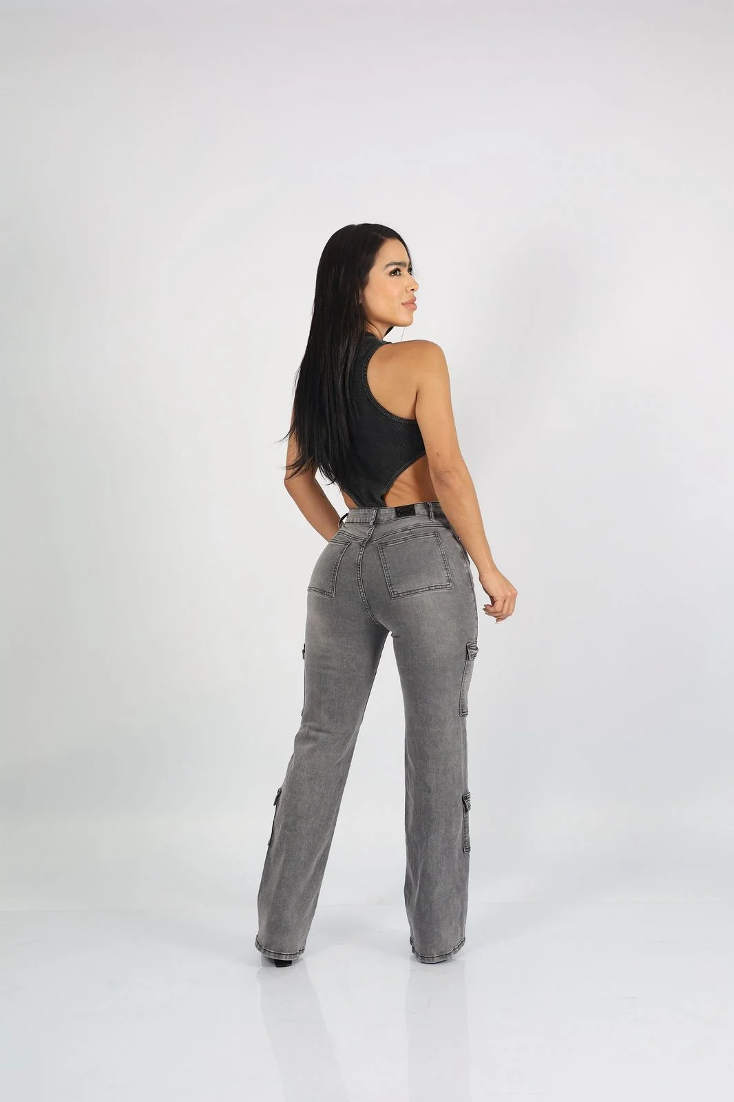Jeans Cargo Paris Mujer Gris Destroyed - Vista 4