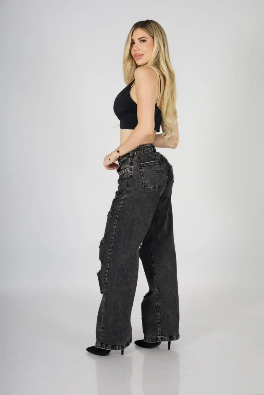 Jeans Wide Leg Mujer Black Destroyed - Vista 3