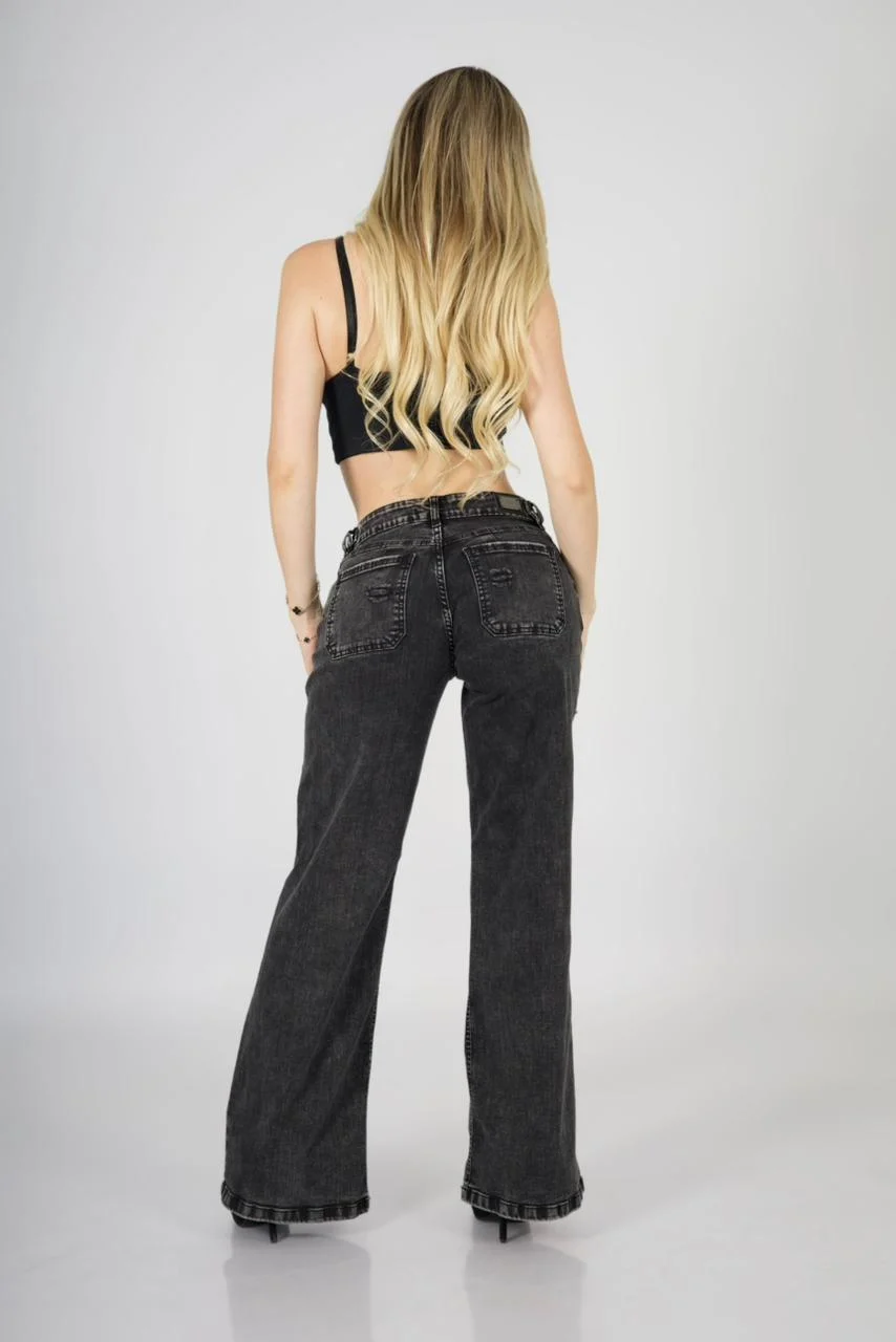 Jeans Wide Leg Mujer Black Destroyed - Vista 4