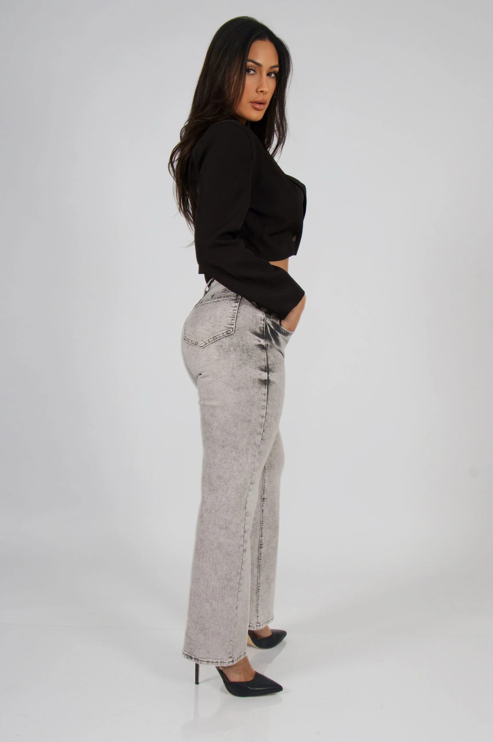 Jeans Cross Waist Straight Leg Mujer Gris - Vista 5