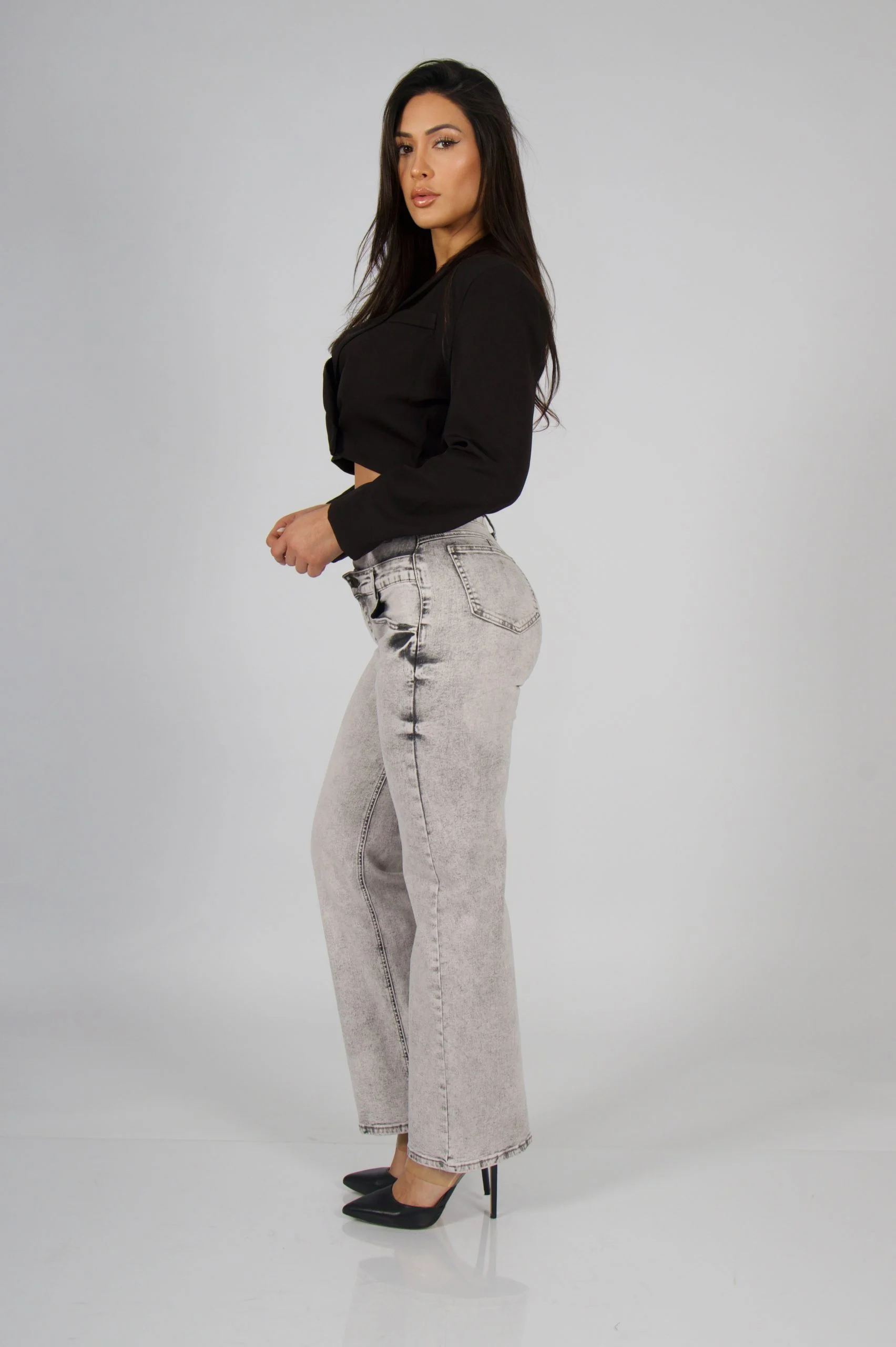 Jeans Cross Waist Straight Leg Mujer Gris - Vista 3