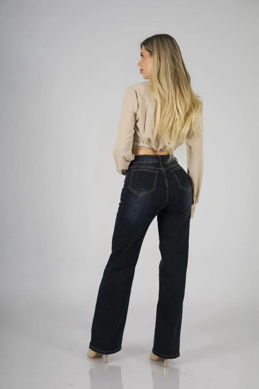 Jeans Cross Waist Straight Leg Mujer Black Blue - Vista 3