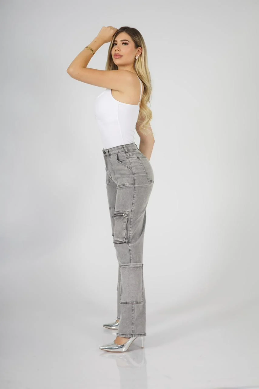 Jeans Straight Cargo Milán Mujer Grey - Vista 6