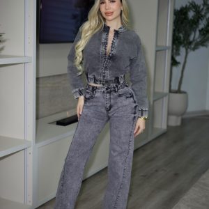 Jeans Wide Leg Fit Gris
